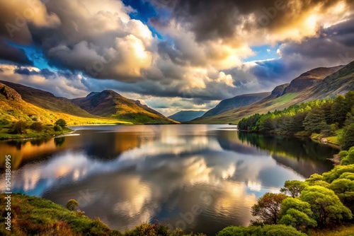 Glenveagh National Park Lake View in Low Light - Majestic Mountains and Cloudy Sky photo