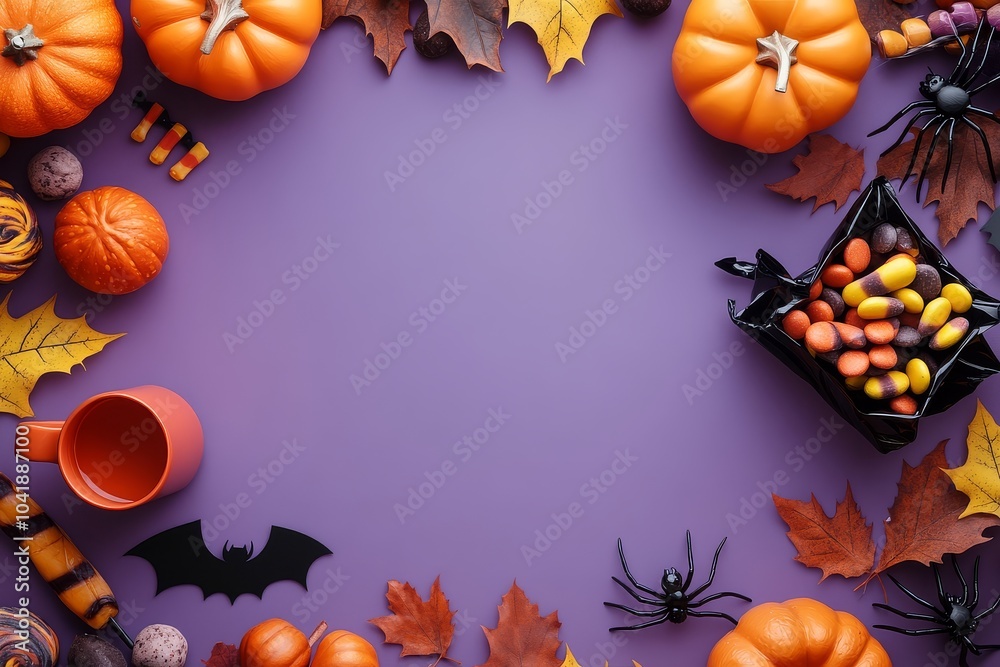 Fototapeta premium Purple Halloween-themed background with pumpkins, leaves, and candy, featuring a blank center for custom text and playful decorations.
