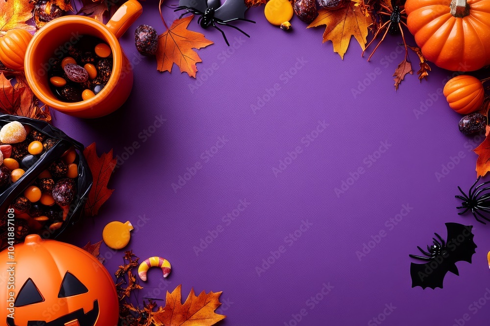 Purple Halloween-themed background with pumpkins, leaves, and candy, featuring a blank center for custom text and playful decorations. Purple Halloween-themed background with pumpkins, leaves, and candy, featuring a blank center for custom text and playful decorations.