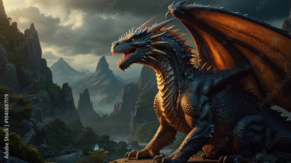 Fototapeta premium A majestic black dragon with orange wings sits atop a rocky cliff, overlooking a valley with misty mountains in the background.