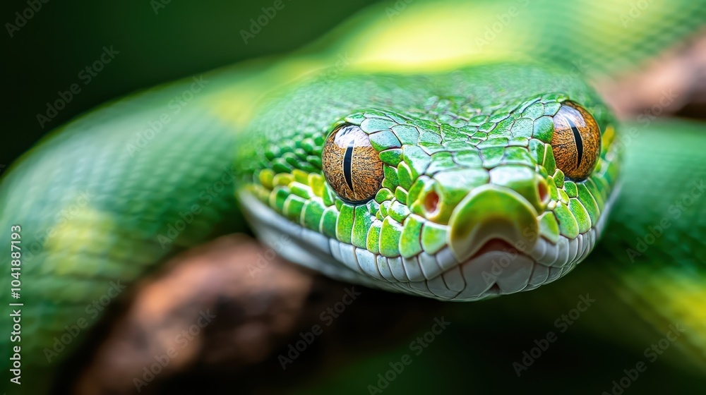 A highly detailed view of a green snake's face resting on a tree branch captures the intricate patterns and vivid colors of the reptilian skin. A highly detailed view of a green snake's face resting on a tree branch captures the intricate patterns and vivid colors of the reptilian skin.