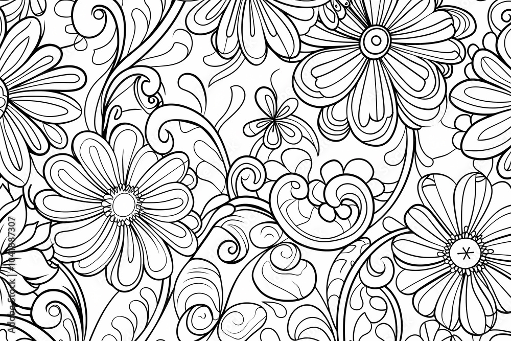 Obraz premium Intricate black and white floral pattern featuring detailed flowers and swirling vines, perfect for coloring and artistic projects.