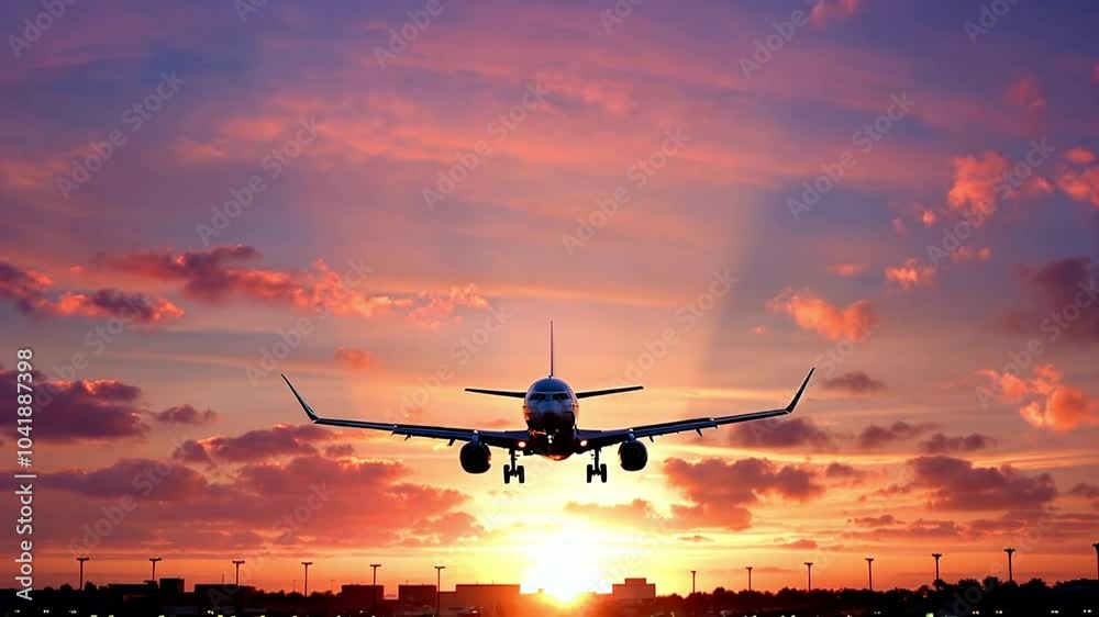 Commercial aircraft taking off from the runway of a city airport at sunset. Front view. Concept of airlines, travel and transportation. HD video. Commercial aircraft taking off from the runway of a city airport at sunset. Front view. Concept of airlines, travel and transportation. HD video.
