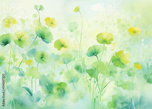 Abstract green watercolor vector background with floral elements. Soft green watercolor background with subtle washes and textures. Delicate, abstract floral elements are scattered throughout the back