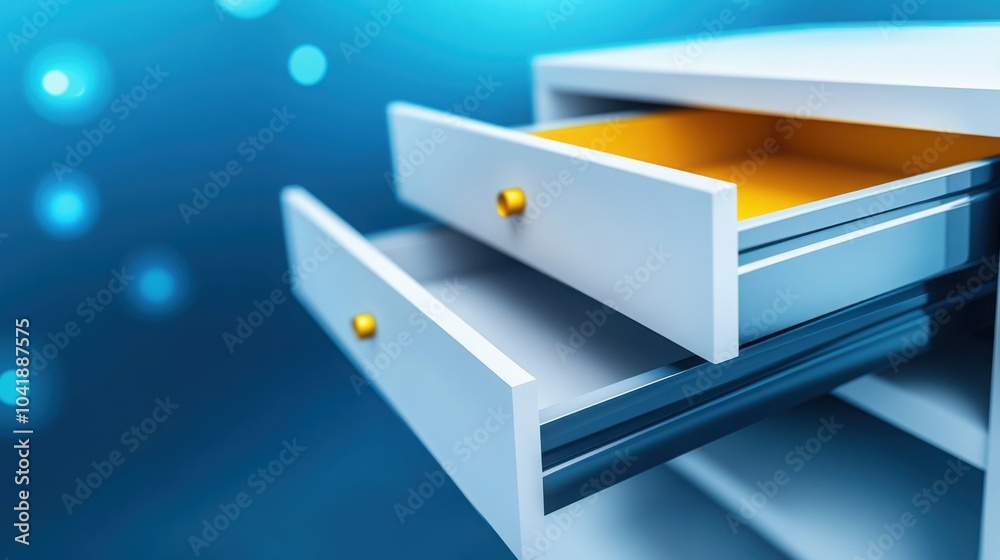The drawer of a blue filing cabinet is partially open, revealing neatly arranged yellow folders inside, set in a bright office environment. The drawer of a blue filing cabinet is partially open, revealing neatly arranged yellow folders inside, set in a bright office environment.