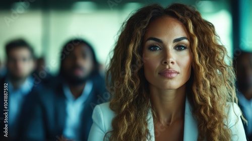 Wallpaper Mural A woman exudes confidence as she sits closely facing the camera in a formal environment, highlighting leadership and poise within a professional context. Torontodigital.ca