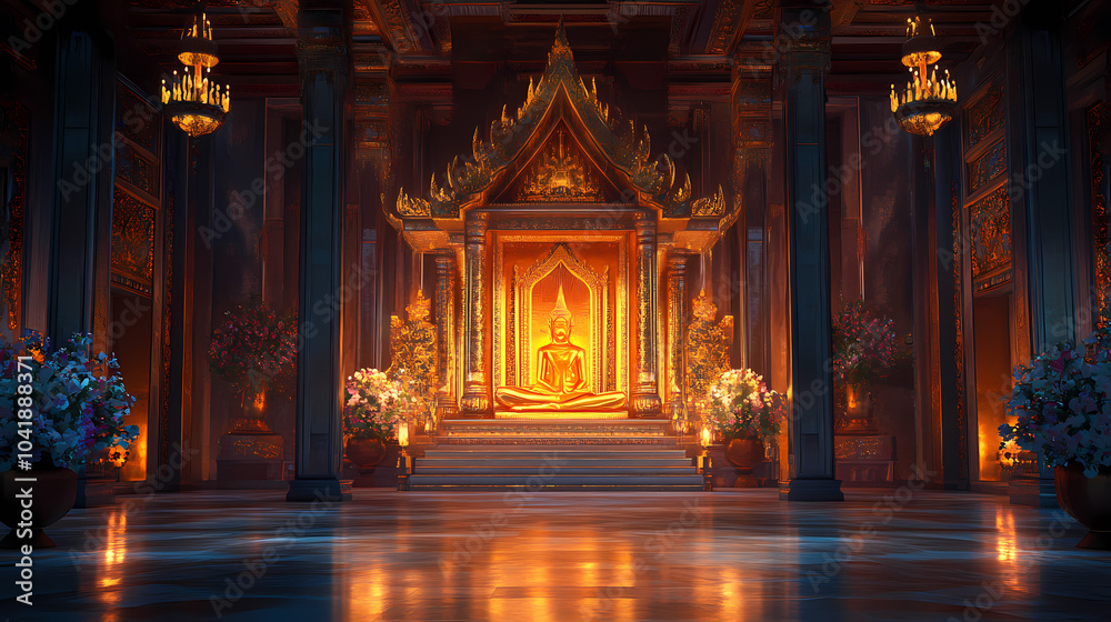 A 3d thai temple mural with soft glowing lights, symbolizing the artistic heritage of thailand. Thai Temple. Illustration A 3d thai temple mural with soft glowing lights, symbolizing the artistic heritage of thailand. Thai Temple. Illustration