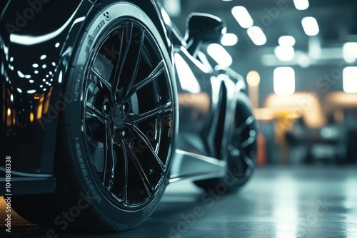 Sleek Black Car Wheel in Modern Garage Space