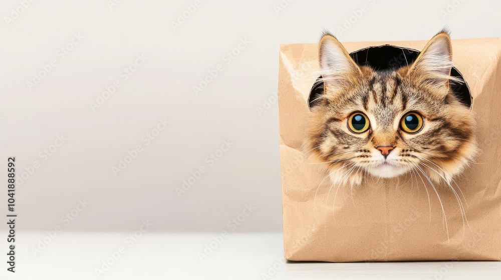 Cat peeking out from a paper bag, playful expression.