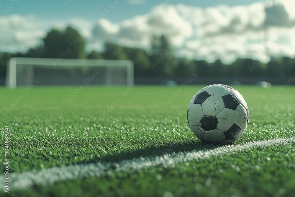 Obraz premium Soccer Ball on Green Field with Goal in Background