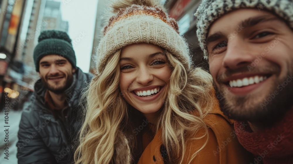 Three friends take a joyful selfie amidst the snowy backdrop of a wintery cityscape, exuding happiness and warmth despite the cold, capturing a memorable moment. Three friends take a joyful selfie amidst the snowy backdrop of a wintery cityscape, exuding happiness and warmth despite the cold, capturing a memorable moment.