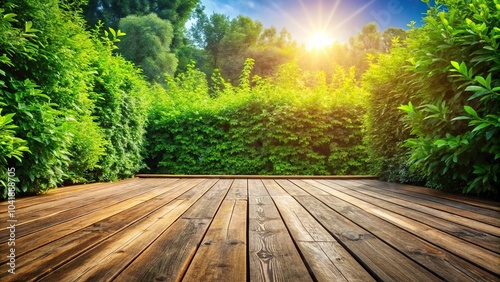 Wooden terrace with green bushes and bright sunlight in the background reflected