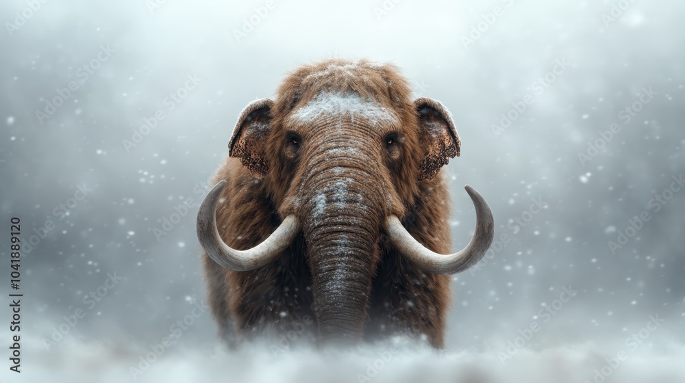 Obraz premium A majestic woolly mammoth stands strong amidst a snowstorm, showcasing its large tusks and thick fur, embodying the resilience of prehistoric life in harsh conditions.