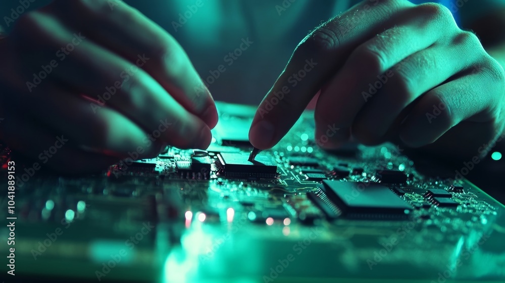 A closeup of hands assembling a circuit board showcasing intricate work. A closeup of hands assembling a circuit board showcasing intricate work.