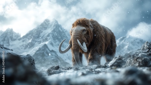 A woolly mammoth is depicted with great detail and realism, standing robustly in the cold, snowy mountain terrain, capturing the essence of Ice Age wildlife and survival. photo