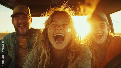 A cheerful family shares a moment of unreserved happiness, their faces lit up with genuine laughter and warmth, radiating positivity against a backdrop of sunshine. photo