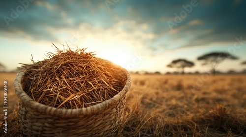 A rustic basket filled with hay sits on a golden field, illuminated by a warm, sunny sky, capturing a peaceful and serene agricultural landscape scene. photo