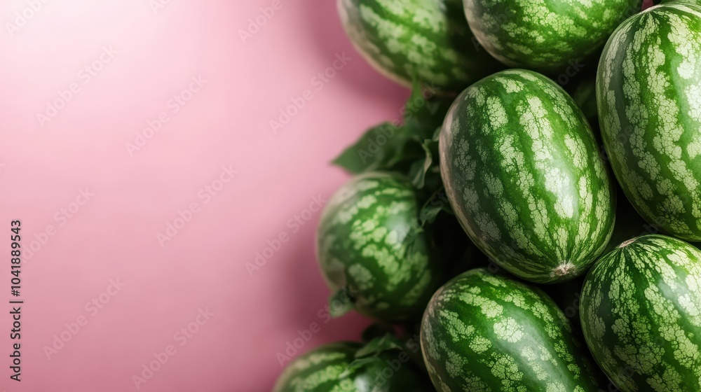 Watermelons are artfully arranged with green leaves against a pink background, creating a striking contrast symbolizing freshness amidst vibrant color. Watermelons are artfully arranged with green leaves against a pink background, creating a striking contrast symbolizing freshness amidst vibrant color.