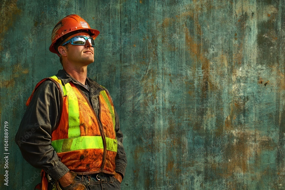 Construction Worker in Safety Gear Against Weathered Background Construction Worker in Safety Gear Against Weathered Background