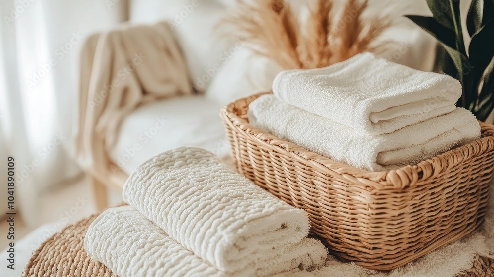 A set of neatly folded clothes on a table, with fresh towels and a wicker basket of laundry nearby, creating a clean and organized look. --chaos A set of neatly folded clothes on a table, with fresh towels and a wicker basket of laundry nearby, creating a clean and organized look. --chaos