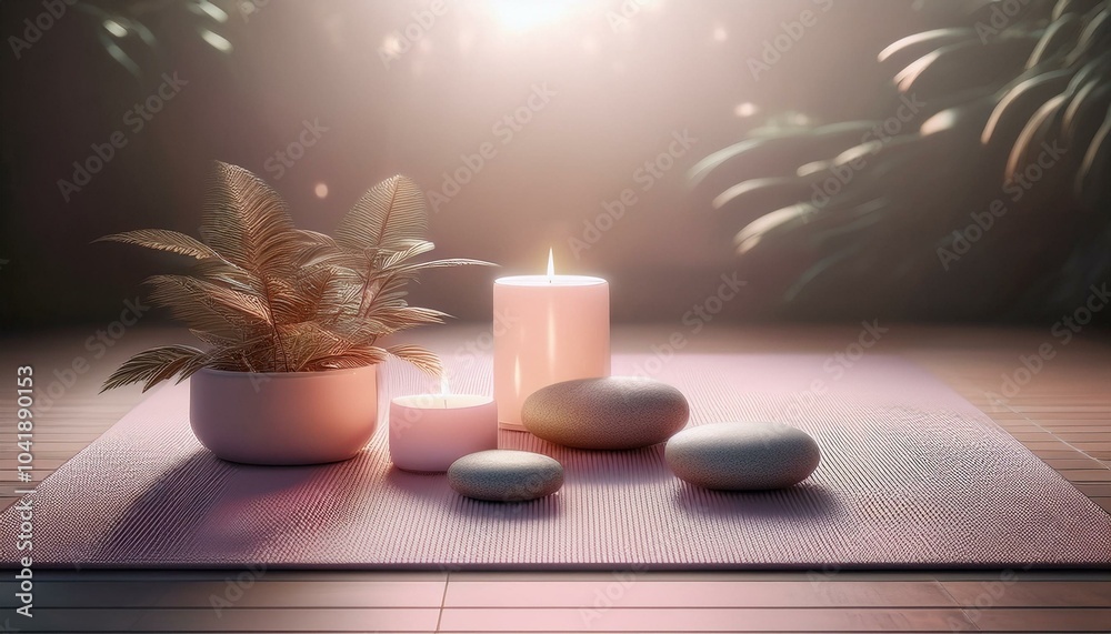 Yoga mat with plants, candles and healing stones, a tranquil natural healing space. Yoga mat with plants, candles and healing stones, a tranquil natural healing space.