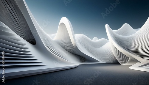 Conceptual and abstract white wavy and curvy shapes; futuristic and concept shapes formed with 3D organic white shapes; futuristic and seamless shapes and form in white color; smooth curves and waves