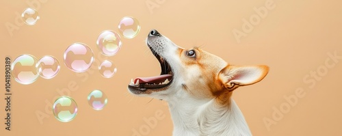 Playful dog chasing colorful bubbles on neutral background