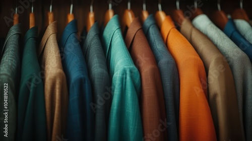 An assortment of stylish, vibrantly colored suits is neatly hung on black hangers, showcasing fashion refinement and a touch of modern sophistication. photo