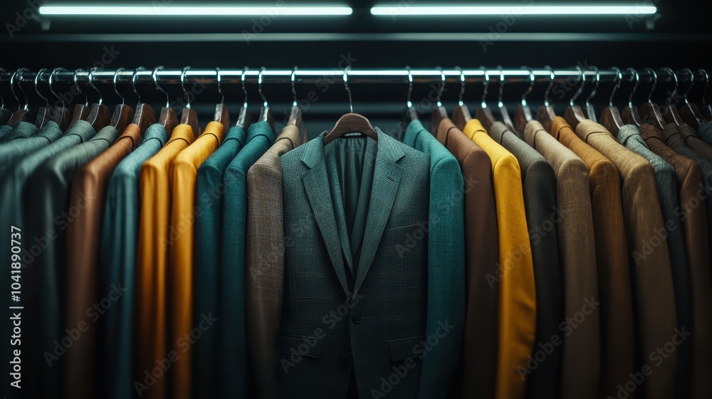Obraz premium A variety of suits in different colors hang neatly on a clothing rack, showcasing a vibrant selection of formal attire under a bright overhead light.