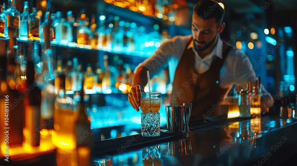 Bartender carefully preparing a cocktail in a crystal glass at a sleek bar counter, with colorful ambient lighting and an extensive selection of spirits Bartender carefully preparing a cocktail in a crystal glass at a sleek bar counter, with colorful ambient lighting and an extensive selection of spirits