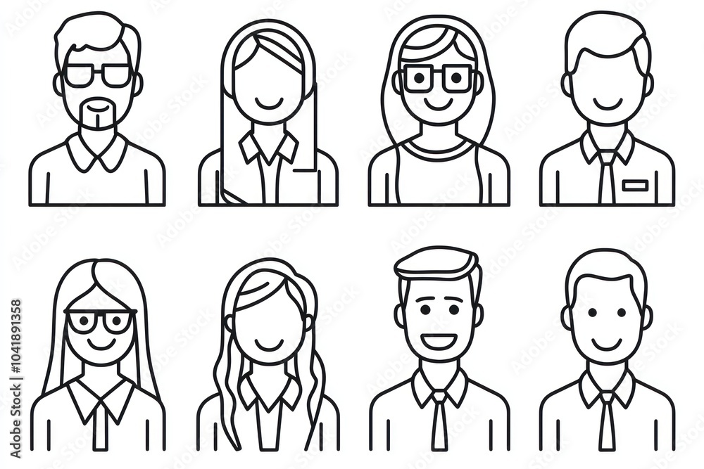 Minimalist line art icon set of avatar people, software engineers in office attire with black lines on a white background Minimalist line art icon set of avatar people, software engineers in office attire with black lines on a white background
