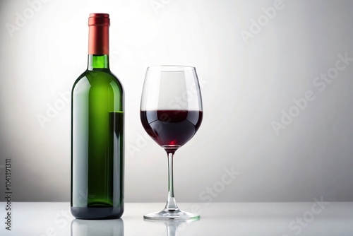 Red wine glass and dark green bottle with blank label on white background