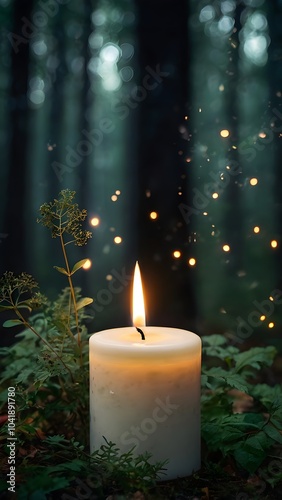 Cozy Candle in Dark Green Forest with Fireflies and Fog