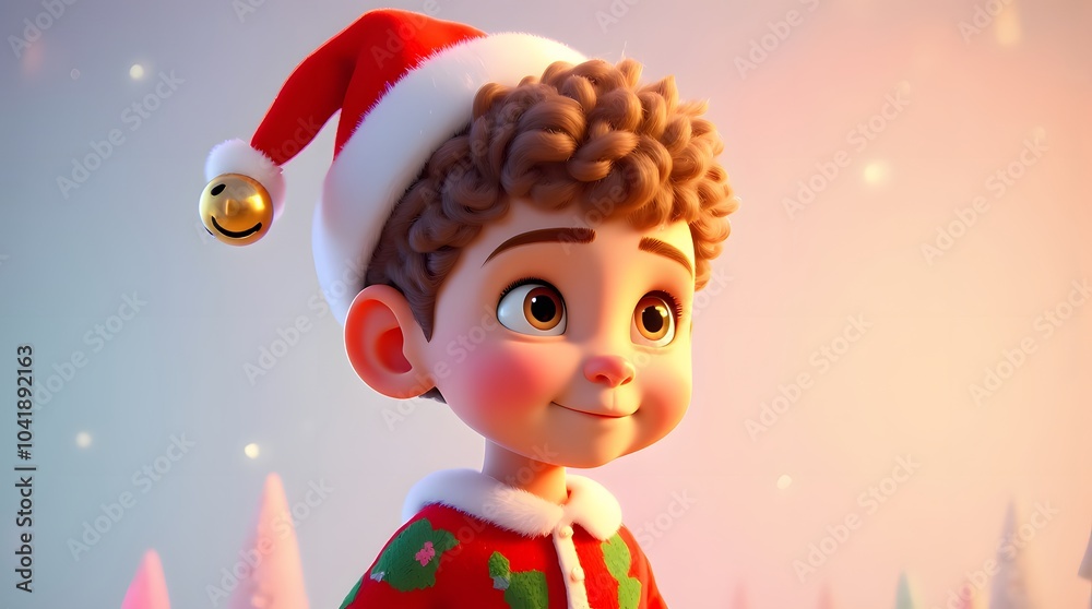 Fototapeta premium Adorable 3D animated boy in a Santa hat, joyful Christmas spirit!