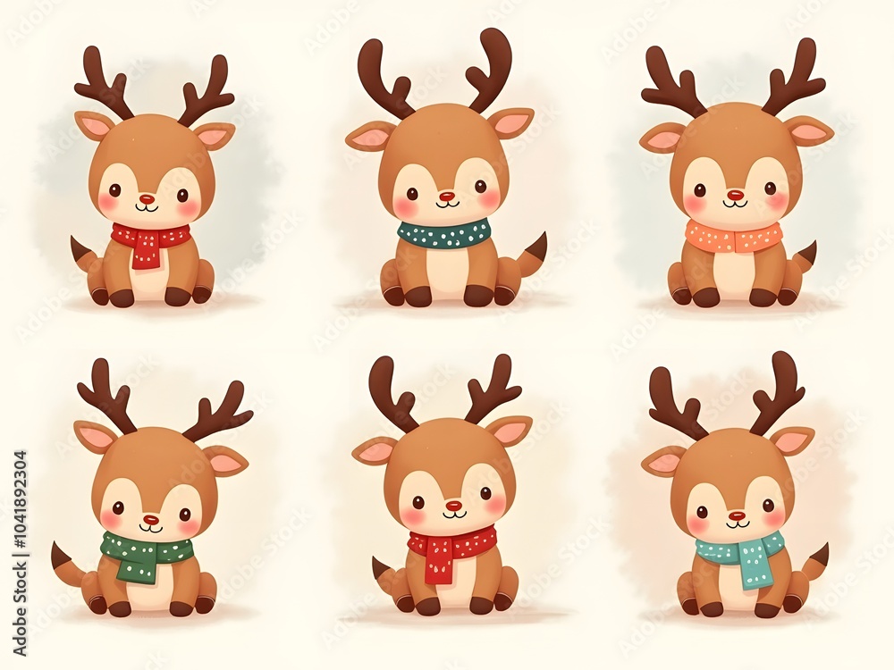 Naklejka premium Six Adorable Reindeer in Scarves: A Festive Christmas Treat!