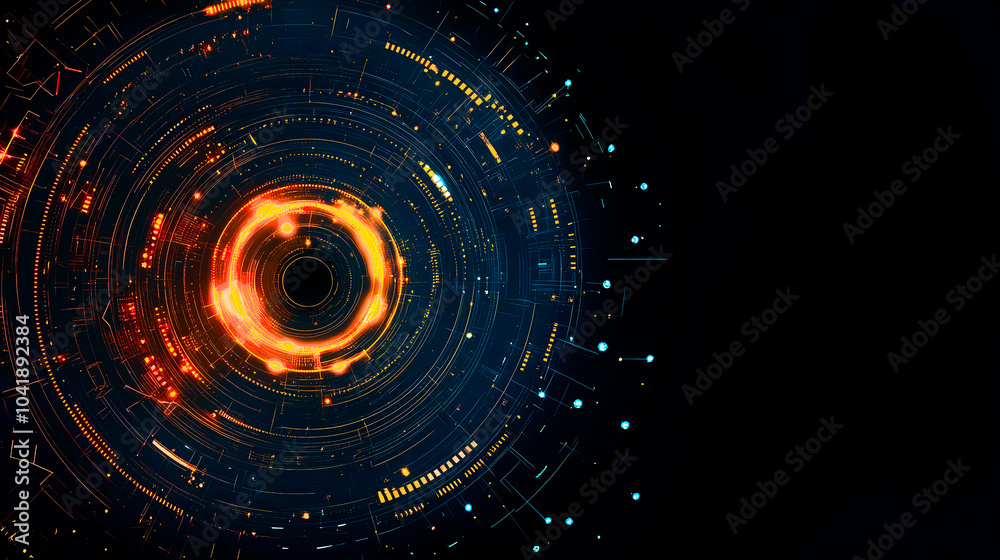 Luminous tech circle gold and blue frame, shining ring with sparks on dark background with copy space. Luminous tech circle gold and blue frame, shining ring with sparks on dark background with copy space.
