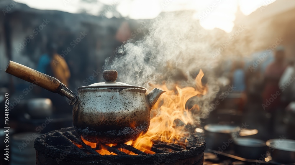 A rustic kettle sits on an open fire, its contents boiling with steam rising dramatically, evoking a sense of warmth and simplicity in an outdoor setting. A rustic kettle sits on an open fire, its contents boiling with steam rising dramatically, evoking a sense of warmth and simplicity in an outdoor setting.