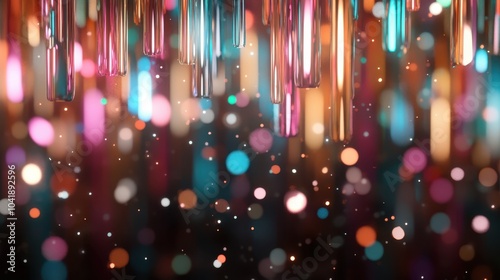 A cascade of hanging tubes interwoven with colorful bokeh dew sparkles creates an immersive blur, setting an imaginative and festive tone for art or decor. photo