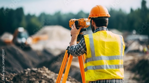 Construction surveyor in safety vest and hard hat operating yellow total station equipment at quarry, with piles of gravel and forest in background