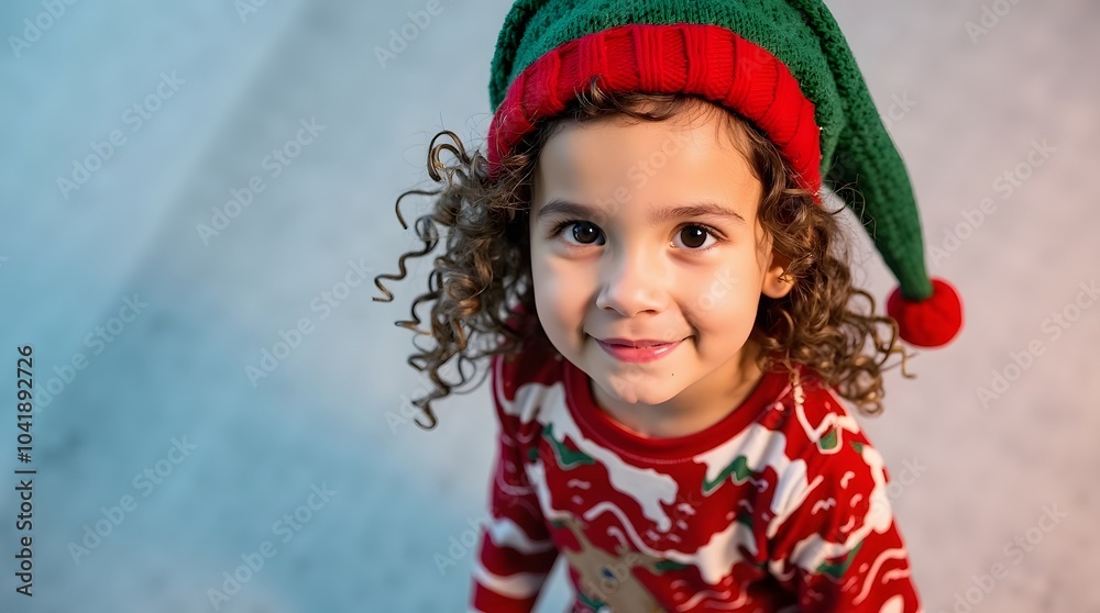 Holiday Cheer: A smiling child in an elf hat and festive pajamas. Holiday Cheer: A smiling child in an elf hat and festive pajamas.
