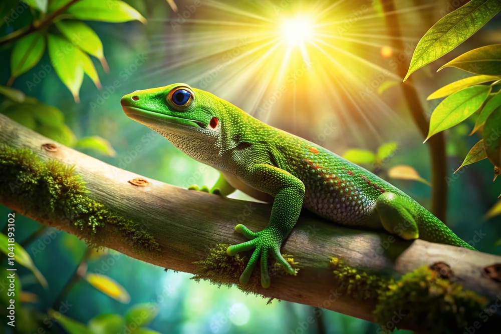 Fototapeta premium Green Gecko Perched on Branch in Lush Forest - Aerial Photography of Nature's Vibrant Wildlife