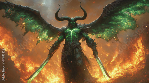 Epic fantasy scene featuring a powerful demon hunter with glowing green tattoos and wings amidst fiery flames showcasing intense battle energy