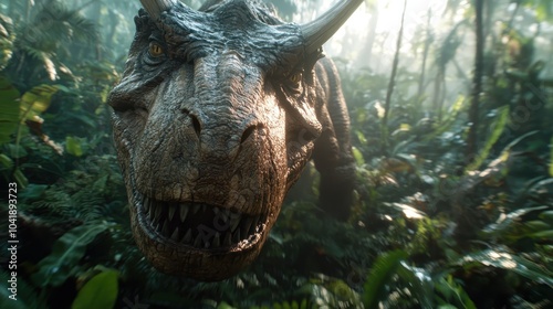 A detailed close-up of a horned dinosaur among dense jungle vegetation, showcasing its rugged textures, piercing gaze, and imposing presence in the prehistoric wilderness. photo