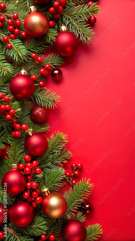 Christmas background with red baubles, pine branches, and red berries on a vibrant red surface. Perfect for festive holiday designs and seasonal greetings. Christmas background with red baubles, pine branches, and red berries on a vibrant red surface. Perfect for festive holiday designs and seasonal greetings.