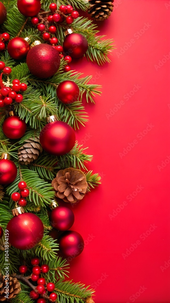 Fototapeta premium Christmas border featuring evergreen branches, red baubles, and berries against a vibrant red background. Ideal for festive designs, holiday greetings, and seasonal promotions.