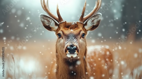 This captivating deer stands in the heart of a snowy woodland, its antlers dusted with snow, gazing forward into the tranquil beauty of its environment. photo