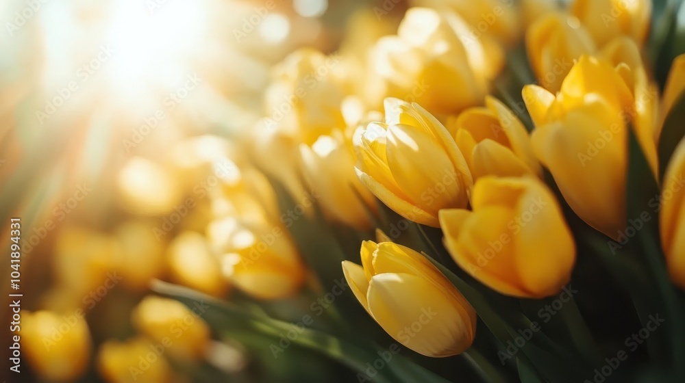 A radiant scene displaying a lively field of yellow tulips, lit by the sun's warm glow, depicting an atmosphere full of life, joy, and natural splendor. A radiant scene displaying a lively field of yellow tulips, lit by the sun's warm glow, depicting an atmosphere full of life, joy, and natural splendor.