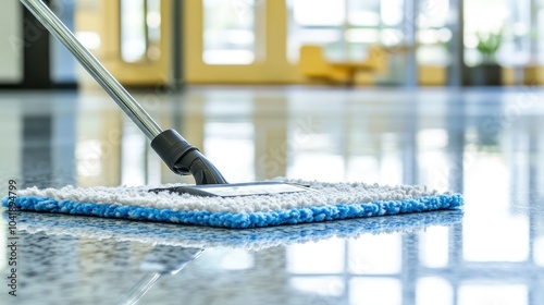 Industrial-grade mop making contact with the reflective, shiny surface of an office floor, leaving behind a gleaming, spotless finish.