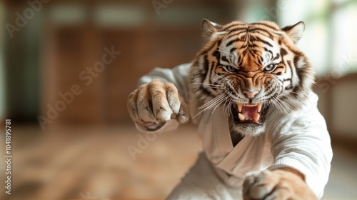 A fierce tiger wearing a martial arts gi strikes an aggressive pose inside a dojo, embodying ferocity and discipline within a surreal yet captivating setting. photo