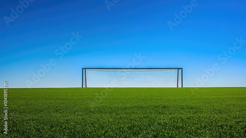 A soccer goal stands on a green grass field, with the bright blue sky behind, symbolizing the readiness for the next game in a peaceful setting. --chaos